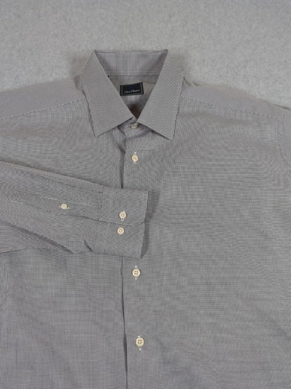 David Donahue Shirt Men's 17.5 Gray Houndstooth Long Sleeve Dress Button Up